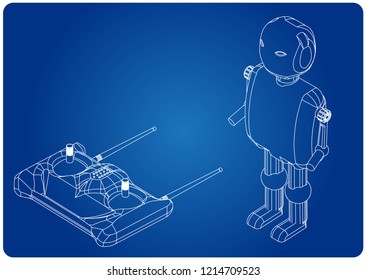 3d model of a robot and a radio remote control on a blue background. Drawing