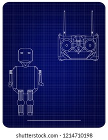 3d model of a robot and a radio remote control on a blue background. Drawing