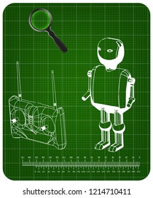3d model of a robot and a radio remote control on a green background. Drawing