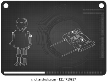 3d model of a robot and a radio remote control on a black background. Drawing