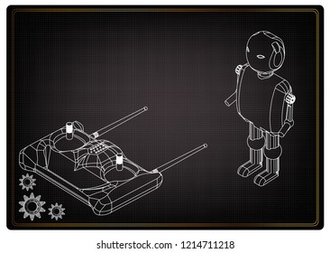 3d model of a robot and a radio remote control on a black background. Drawing