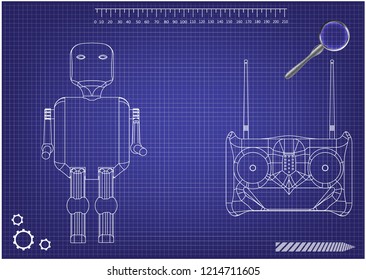 3d model of a robot and a radio remote control on a blue background. Drawing
