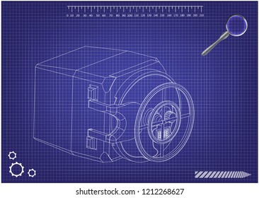 3d model of the safe on a blue background. Drawing
