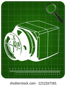 3d model of the safe on a green background. Drawing