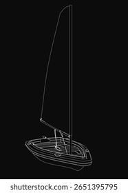 A 3D model of a sailboat with billowing sails stands out against a black background. The realistic rendering highlights detailed hull textures, a sturdy mast, and dynamic sail movement.