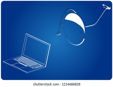 3d model of satellite dish and laptop on a blue background. Drawing