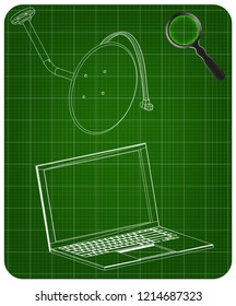 3d model of satellite dish and laptop on a green background. Drawing