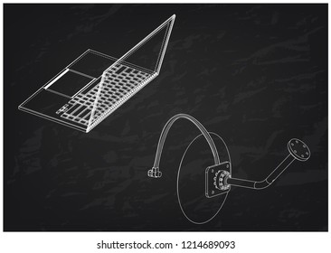 3d model of satellite dish and laptop on a black background. Drawing