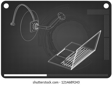 3d model of satellite dish and laptop on a black background. Drawing