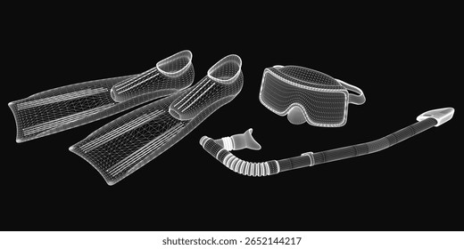 A 3D model of a scuba mask and snorkel set displayed on a sleek black background highlights the detailed design of diving equipment. The mask features a clear lens and adjustable strap.