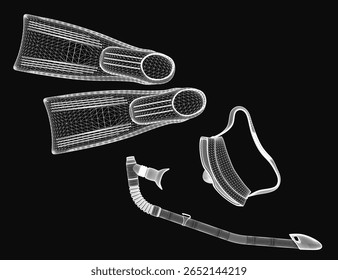 A 3D model of a scuba mask and snorkel set displayed on a sleek black background highlights the detailed design of diving equipment. The mask features a clear lens and adjustable strap.
