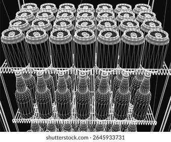 A 3D model of a sleek metal rack neatly holding multiple beer cans, arranged in orderly rows for efficient storage. The black background highlights the contour and reflective surfaces of the cans.