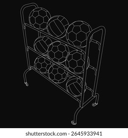 A 3D model of a soccer ball rack featuring multiple balls arranged in precise contours on a black background. The clean, orderly design highlights the spherical shapes and structured placement.