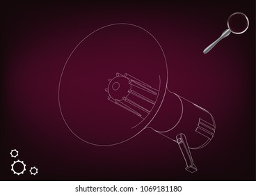 3d model of a speaker on a burgundy background. Drawing