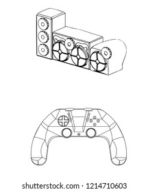 3d model of speaker system and joystick on a white background