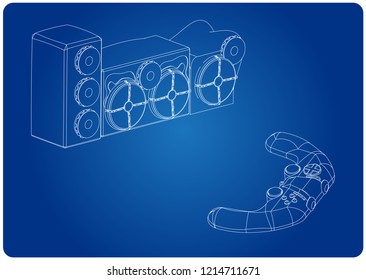 3d model of speaker system and joystick on a blue background