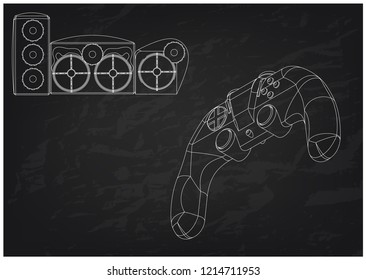 3d model of speaker system and joystick on a black background
