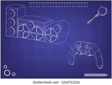 3d model of speaker system and joystick on a blue background