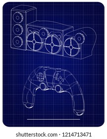 3d model of speaker system and joystick on a blue background