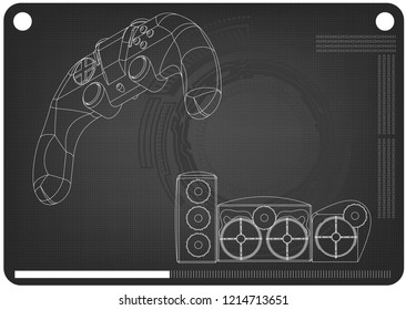 3d model of speaker system and joystick on a black background