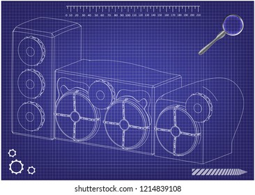 3d model of speaker system on a blue background
