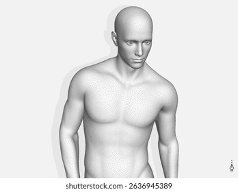 Modelo 3D de uma pessoa de pé em altura parcial. Efeito pontilhado. Vetor para folheto, folheto, apresentação ou banner.