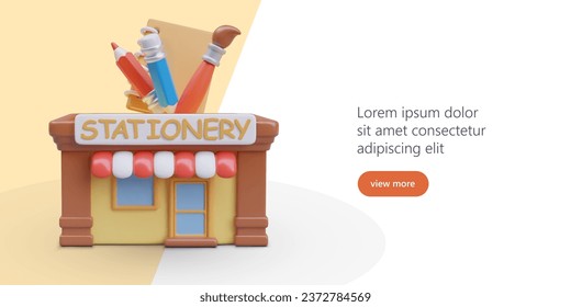 3d model of stationery store in cartoon style. Web poster, advertising company with button and place for text. Online ordering of various office supplies. Vector illustration