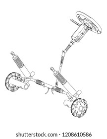 3d model of steering column and car suspension on white background