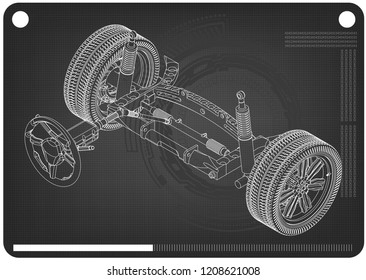 3d model of steering column and car suspension on black background