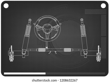 3d model of steering column and car suspension on black background