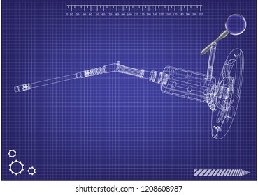 3d model of the steering column on a blue background. Drawing