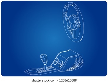 3d model of steering and gearbox on a blue background.