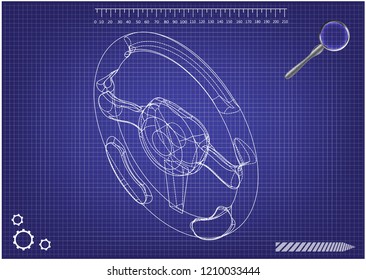3d model steering on a blue background. Drawing