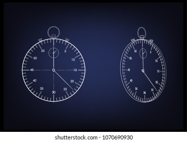 3d model of a stopwatch on a blue background. Drawing