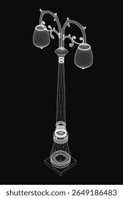 A 3D model of a street lamp with a realistic metallic finish, standing tall on a sleek black background. The lantern emits a soft glow, enhancing the urban aesthetic.