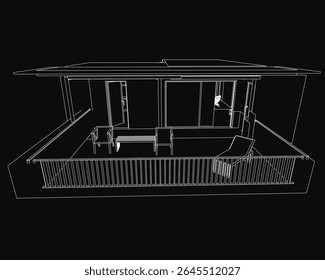 A 3D model of a stylish house with a wooden deck, featuring a cozy table and chairs for summer relaxation. The dark background enhances the elegant and mysterious atmosphere of the terrace.