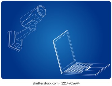 3d model of surveillance camera and laptop on a blue background. Drawing