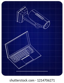 3d model of surveillance camera and laptop on a blue background. Drawing