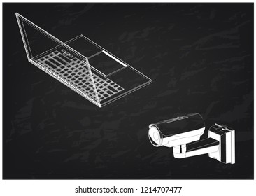 3d model of surveillance camera and laptop on a black background. Drawing