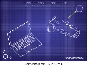 3d model of surveillance camera and laptop on a blue background. Drawing