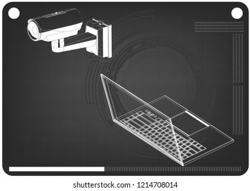 3d model of surveillance camera and laptop on a black background. Drawing