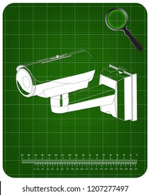 3d model of surveillance camera on a green background. Drawing