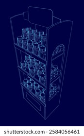 A 3D model of a tall display case with many bottles on it. The bottles are arranged in rows and the case is blue