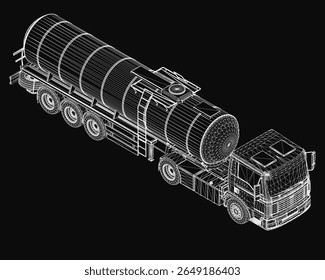 A 3D model of a tanker truck with realistic details like headlights, grille, and wheels, isolated on a black background for high contrast. The clean, dark setting emphasizes the industrial design