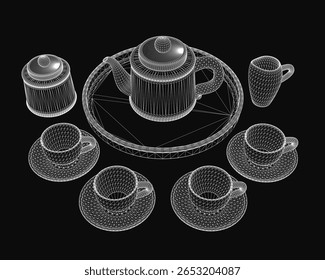 A 3D model of a teapot and matching cups arranged elegantly on a black background, accompanied by a saucer and complementary objects. The composition highlights clean lines and reflective surfaces.