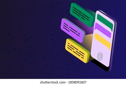 3D model of a telephone with three-dimensional message clouds on the background of a printed circuit board.