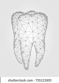 3d model tooth polygonal structure logo. Stomatology symbol low poly triangle abstract oral medical care business concept. Connected dot particle white gray vector illustration