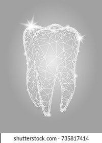 3d model tooth polygonal structure logo. Stomatology symbol low poly triangle abstract oral medical care business concept. Connected dot particle sparkle art gray vector illustration