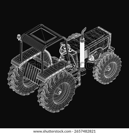 A 3D model of a tractor with detailed mechanical components, showcasing its robust structure and design. The black background highlights the vehicle's clean lines and modern features.