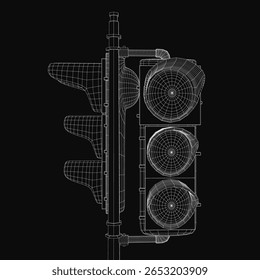 A 3D model of a traffic light features intricate blueprint details with precise lines and curves on a black background. The realistic design highlights the structure and functionality of the traffic.